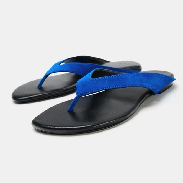 ZARA 자라 레더 플랫 샌들 블루, 자라 쪼리, 자라 플리플랍