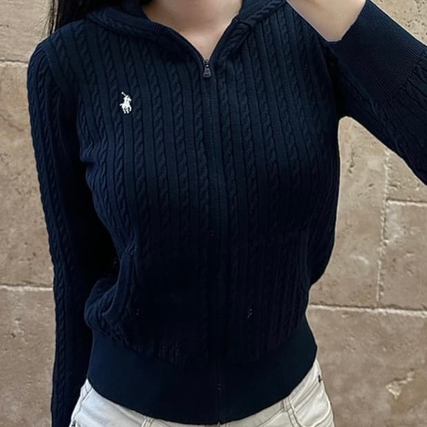 폴로 랄프로렌 여성 걸즈 미니 케이블 니트 후드 집업 가디건
