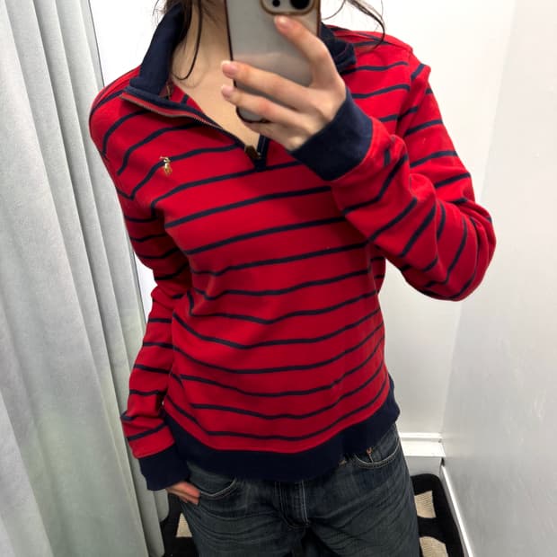 폴로 레드블루 스트라이프 반집업 스웻셔츠