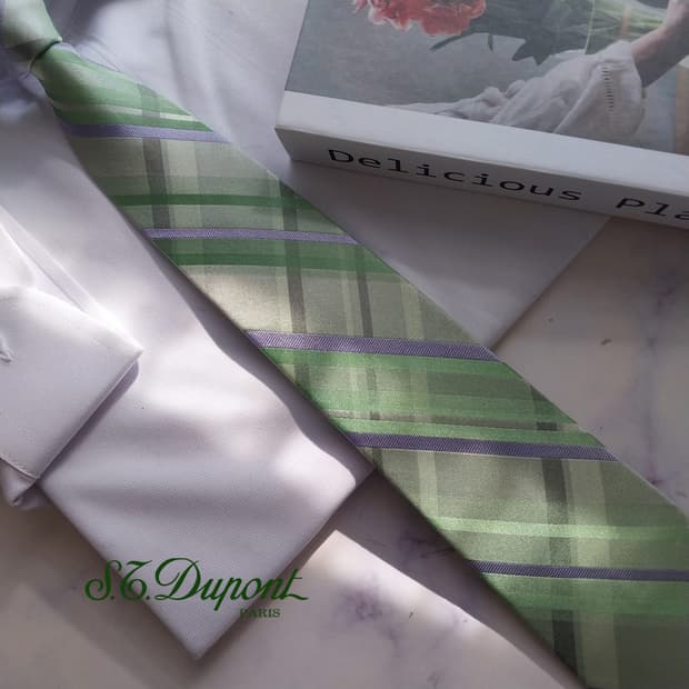 에스.티. 듀퐁 실크 그린 체크 넥타이 8.4cm B등급 K2356
