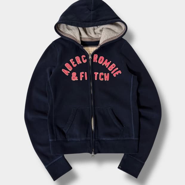 아베크롬비 00‘s 핑크 패치 로고 네이비 스웻 후드집업