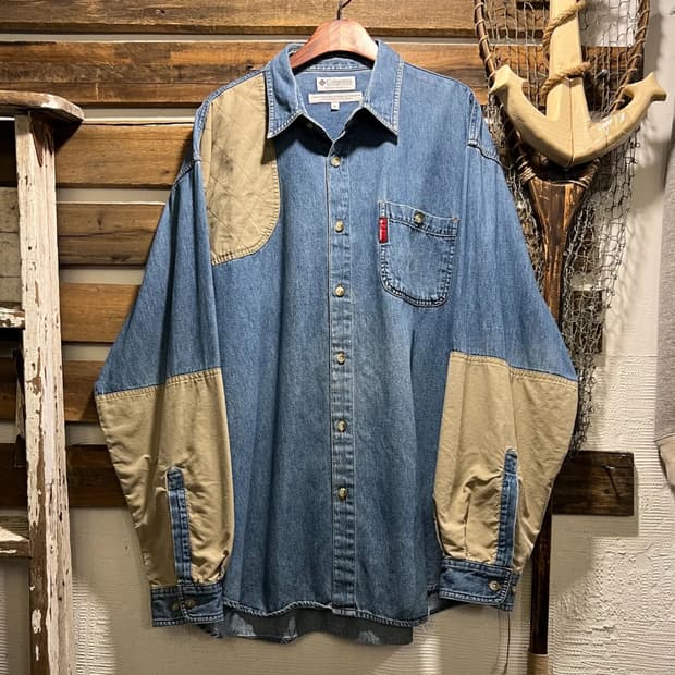 [XL]90's 컬럼비아 USA 건패치 데님 헌팅 셔츠