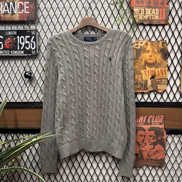 폴로 랄프로렌 케이블 니트 네이비 포니 로고 포인트 그레이