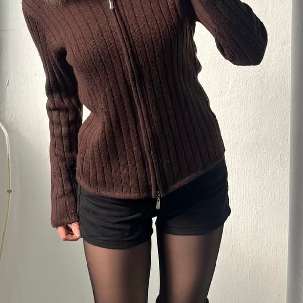 Vintage Brown Two-Way Fur Hood Zip-Up