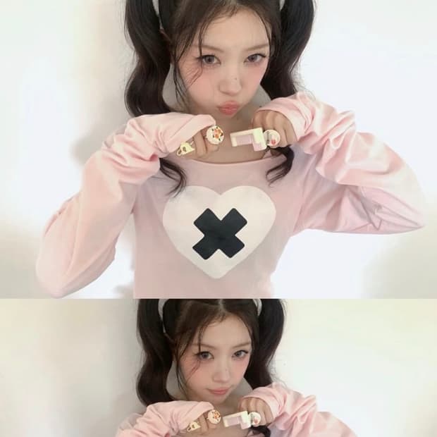 (아일릿모카착용)샵페어리 하트 컷 크로스 오프탑