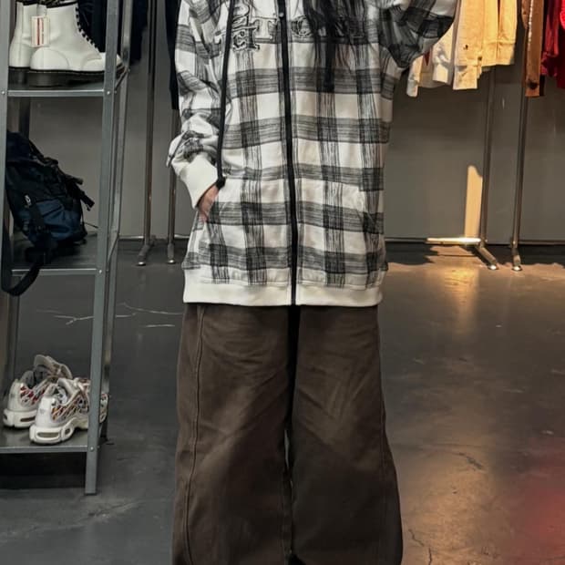 빈티지 그레이 체크 후드집업 A3310