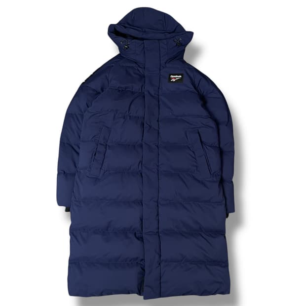 리복 로고 다운 네이비 후드 벤치 롱패딩 M