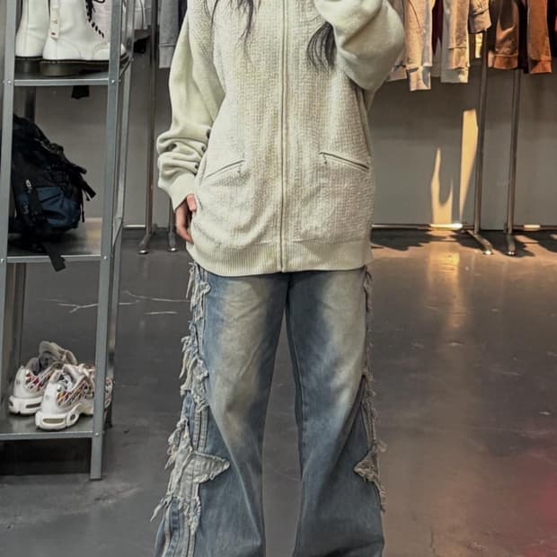 디스이즈네버댓 벨벳 니트 지퍼 폴로 아이보리 A3241