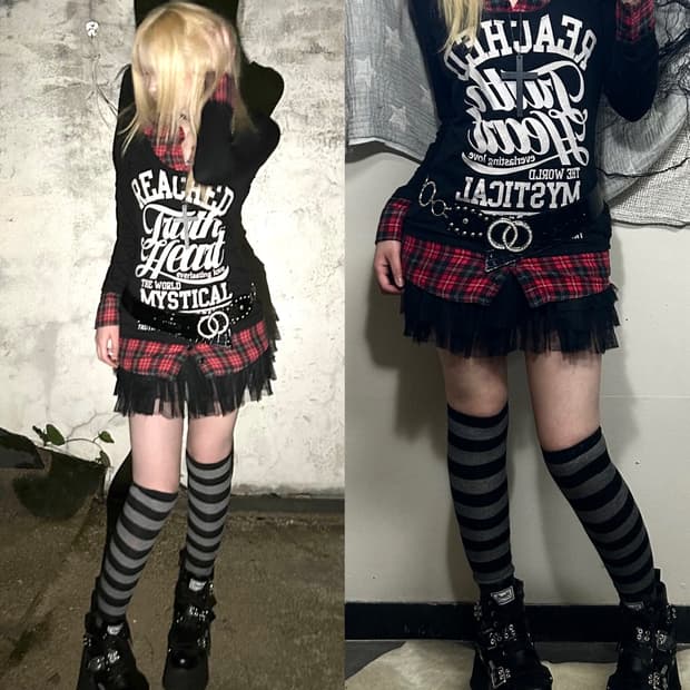 red check pattern layered punk top