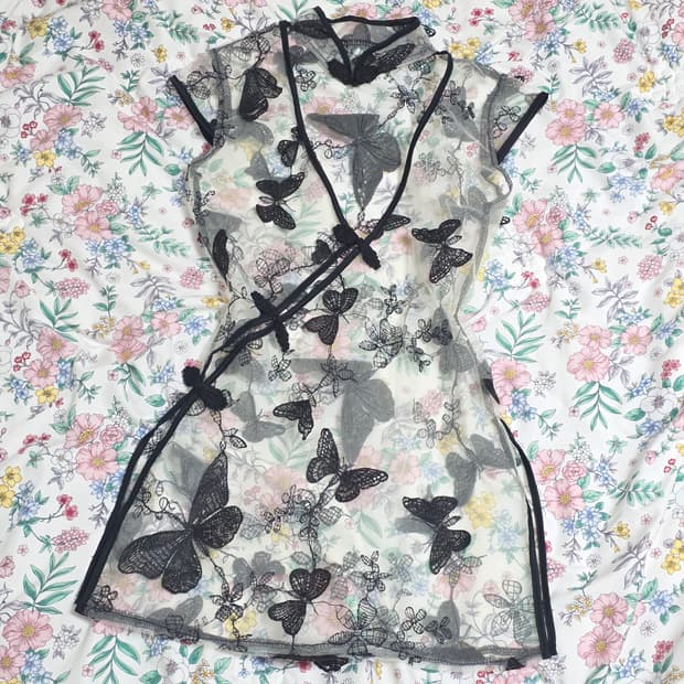 빈티지)블랙시스루 나비자수 오네갸루 오리엔탈 레이어드 차이나중국풍원피스