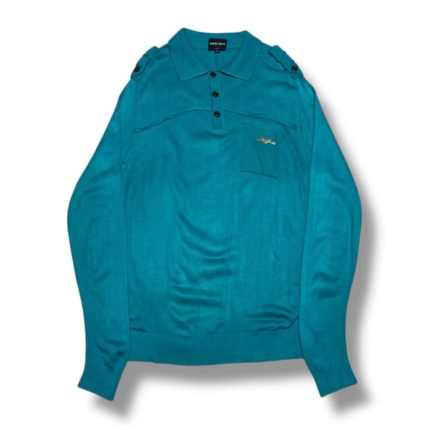 Giorgio Armani 터콰이즈 블루 원포켓 견장 카라 니트