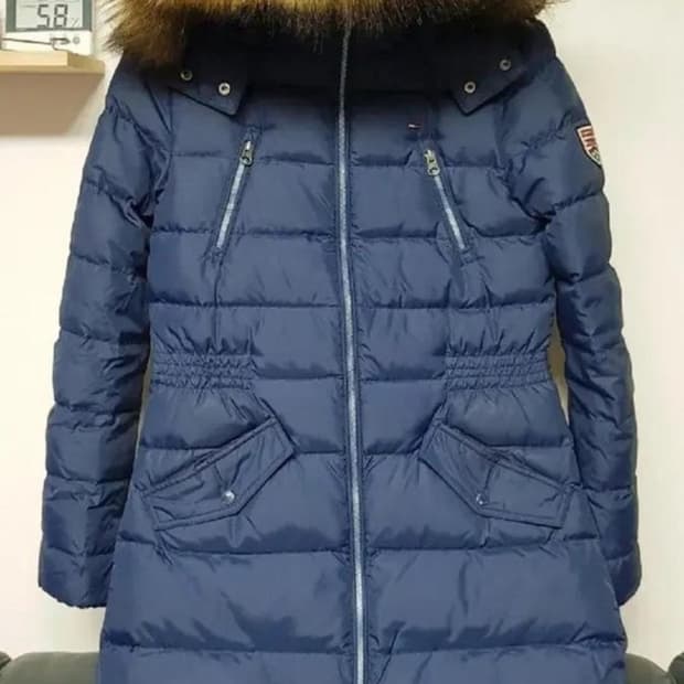 타미힐피거 데님 플레인 폴리 다운 롱패딩 점퍼, 벤치코트 