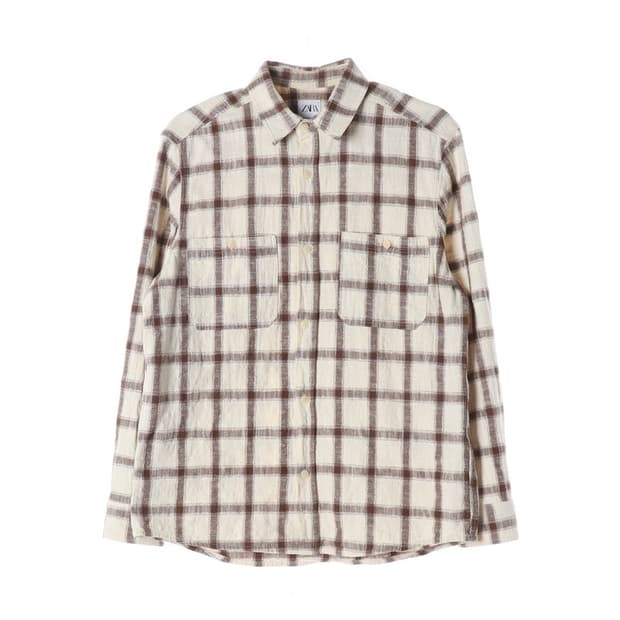 자라 릴랙스드 핏 블록 체크 플란넬 셔츠 브라운 L