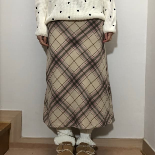 빈티지 화이트 핑크 울 롱 스커트