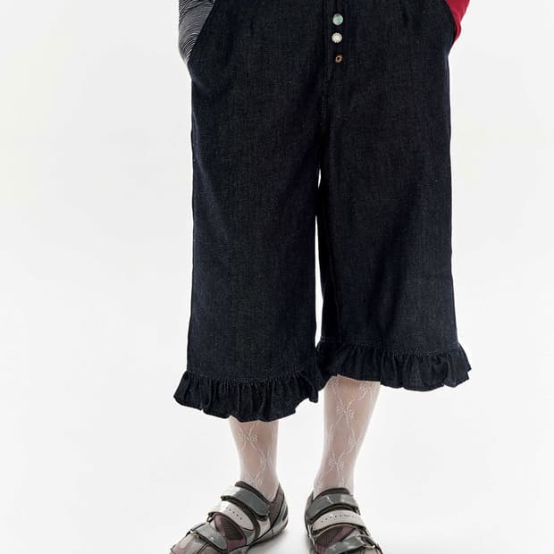 Navy Ruffle Cropped Pants