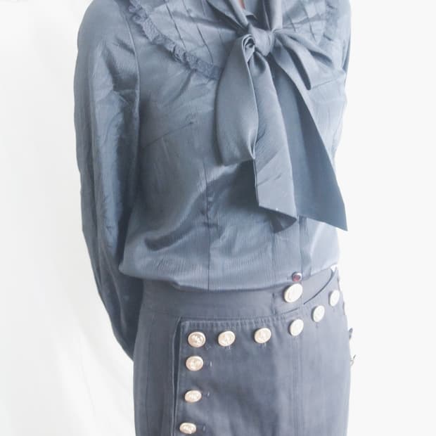 JPN VTG 빅 리본 러플 실크 블라우스