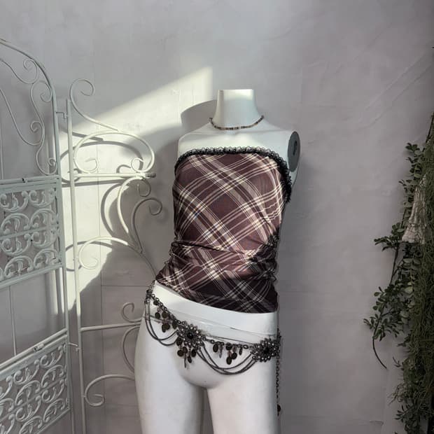 Brown check shirring tube top sleeveless