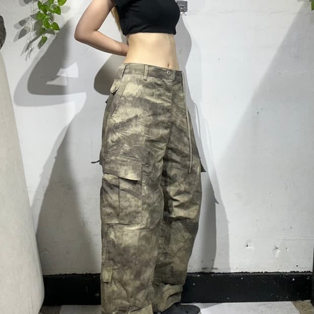 빈티지 베이지 카모 와이드 멀티 포켓 카고 팬츠 M