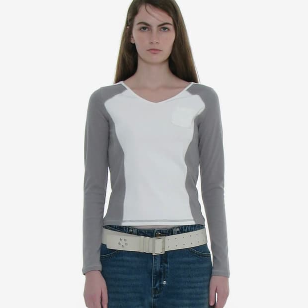 파르티멘토우먼 - 컷 아웃 브이넥 컬러블락 롱슬리브 티