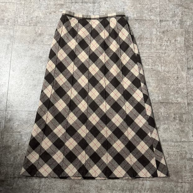 울 체크 패턴 롱 스커트