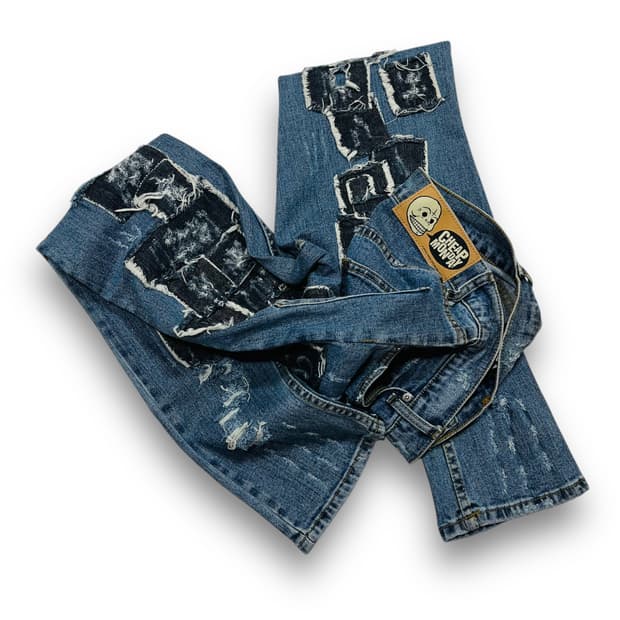 칩 먼데이 다중 패치 크랙 슬림 펑크 데님 팬츠
