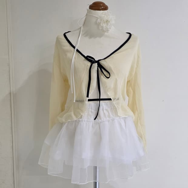 빈티지) 히메라떼갸루st 모리걸 셔링 시스루 로맨틱 끈 볼레로가디건