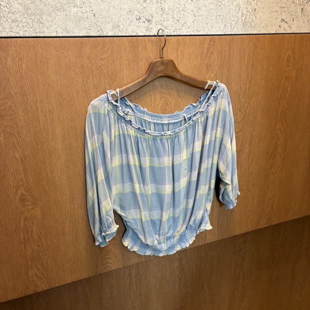 빈티지 셔링 블라우스 7부 체크 패턴 디테일 스카이 블루 k264