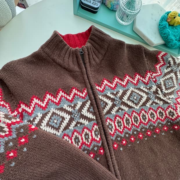빈티지패턴 브라운 레드그레이 노르딕패턴 집업 가디건 L