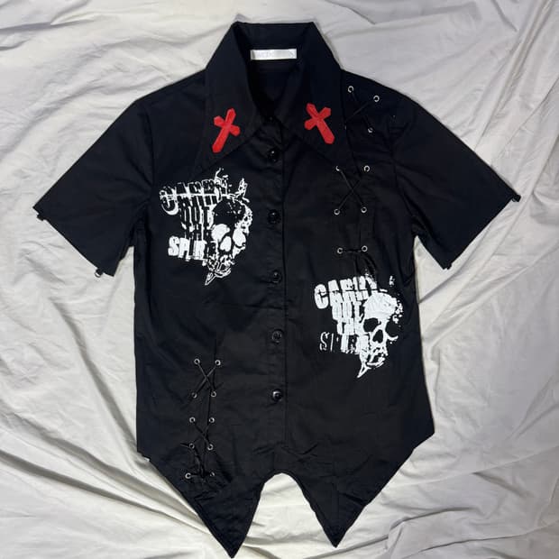 ACDC RAG 스컬 크로스 레이스업 셔츠 펑크