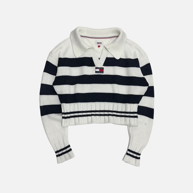 타미힐피거 타미진스 박시 크롭 스트라이프 카라 니트 스웨터