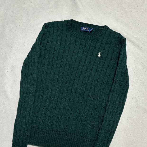 S 폴로랄프로렌 화이트 포니 여성용 그린 케이블 니트