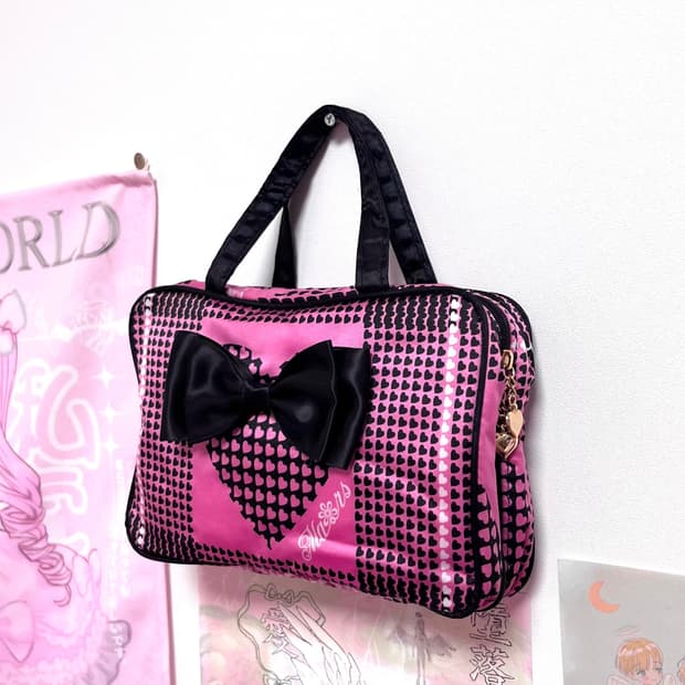 MA*RS마즈 블랙핑크 하트체크 리본 미니백&파우치 히메 오네갸루 핀터