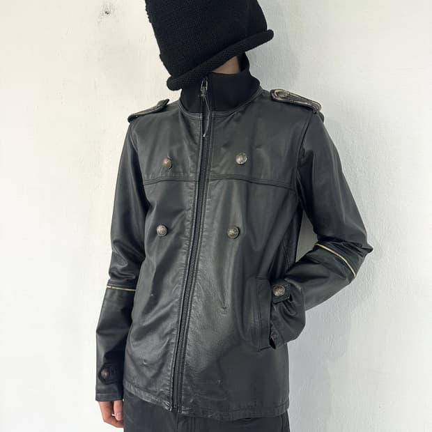 VTG 나폴레옹 하이넥 견장 블랙 레더 자켓