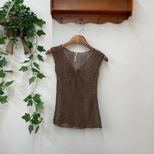 브라운 크로쉐 리본 니트 나시 보헤미안 페어리그런지