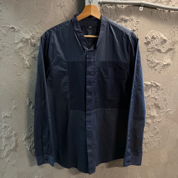 100 시스템 SYSTEM 히든버튼 배색 셔츠 네이비