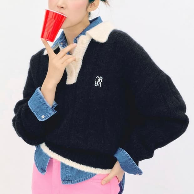 그로브 GROVE 차청원 소프트 알파카 헤어리 배색 네이비 카라니트 F