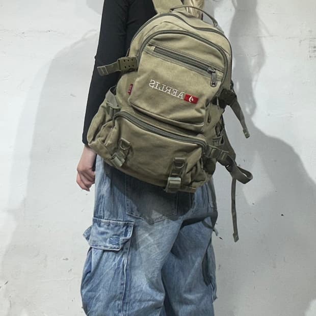 일본 빈티지 90s AERLIS 밀리터리 카키 백팩 가방 