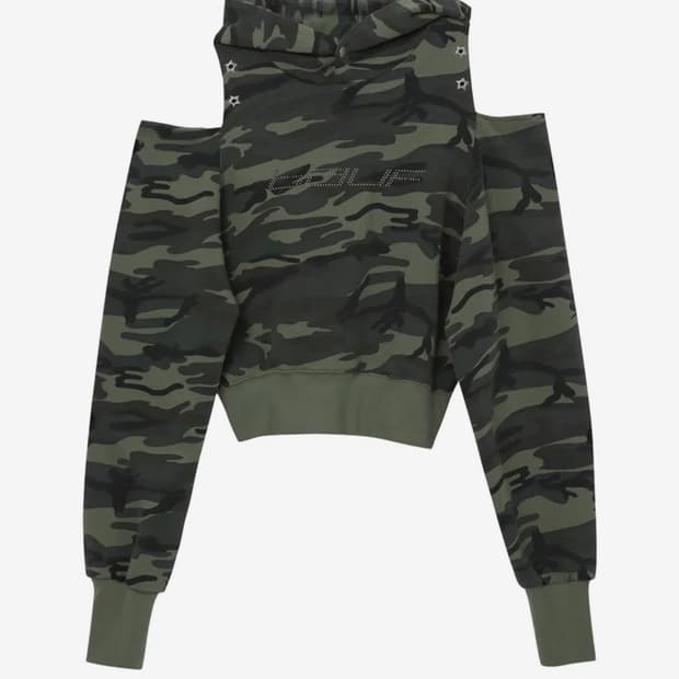원가10 바우프 컷아웃 오프숄더 크롭후드 카모