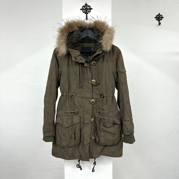 Khaki buckle detail fur jacket