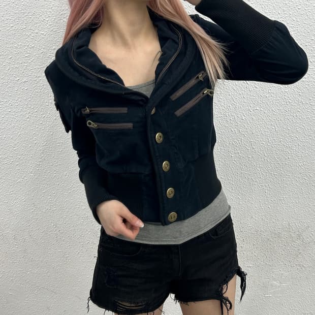 게스 y2k 네이비 튤립카라 스웨이드 자켓