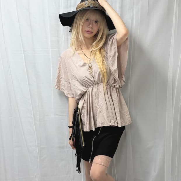 [Vintage] Pink Floral Fit Sleeve Blouse