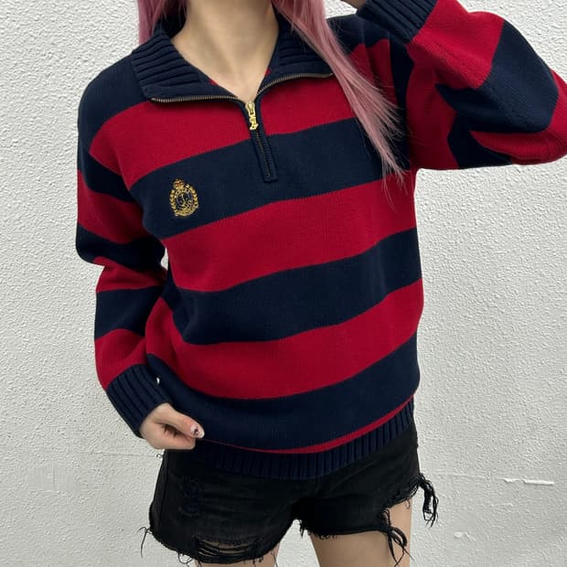 폴로 랄프로렌 월계수 레드단가라 니트 반집업