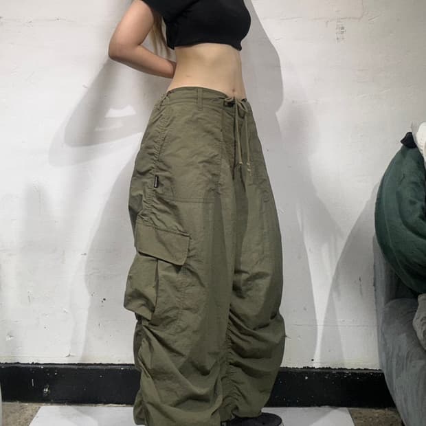 엑스톤즈 곱창 와이드 벌룬 올리브 카키 카고 팬츠 L