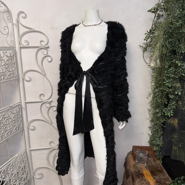 Black rabbit fur crochet ribbon long cd