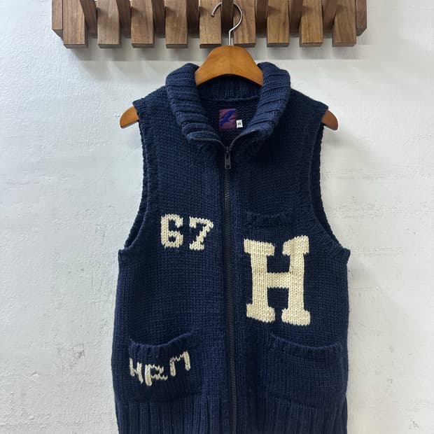 일본빈티지 울 100% 레터링 네이비 니트 집업 베스트 