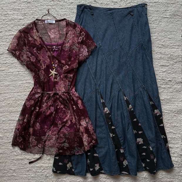 Stitched Oriental Patch Denim Skirt 0405