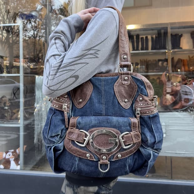 00s 빈티지 게스 XL 데님 빅 버클백 가방