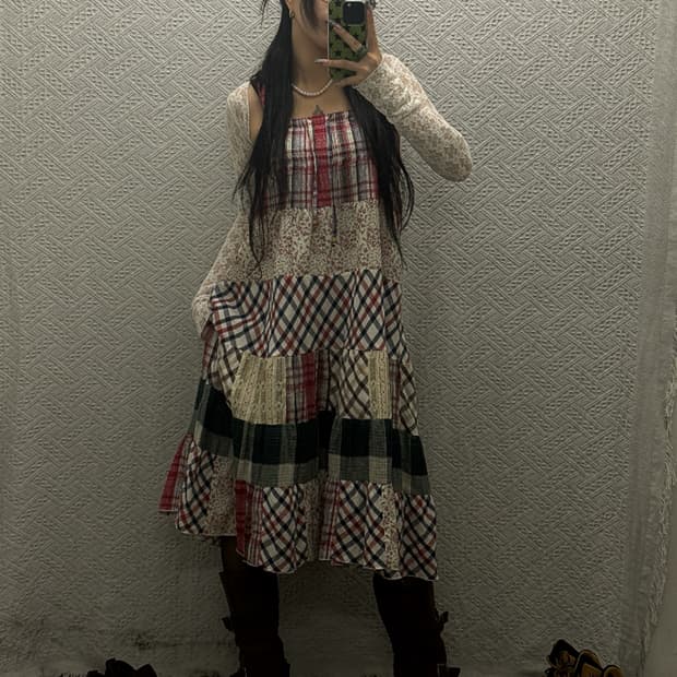 빈티지 재팬 하구미 키치 패치워크 캉캉 체크 롱원피스 K0358