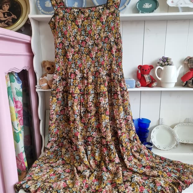 플라워 쉬링크 롱 원피스