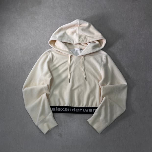 W95 알렉산더왕 로고 웨이스트밴드 코듀로이 크롭 후드티